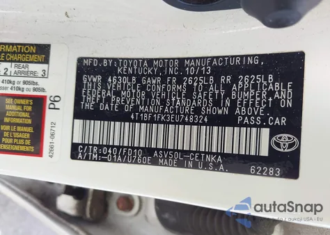 2014 Toyota Camry Le from USA, damaged, VIN 4T1BF1FK3EU748324